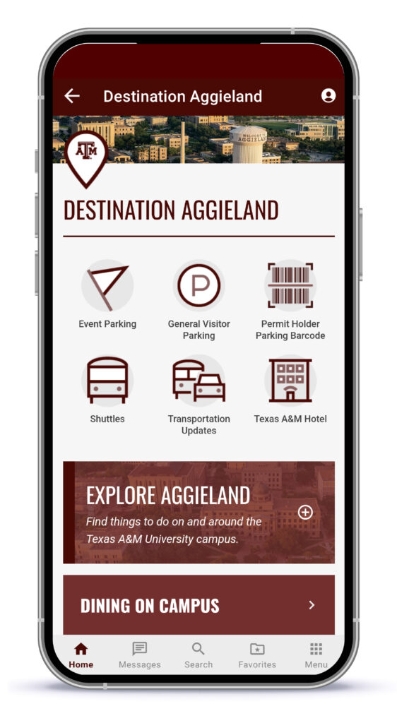 Texas A&M University app screenshot mockup on mobile: Destination Aggieland screen