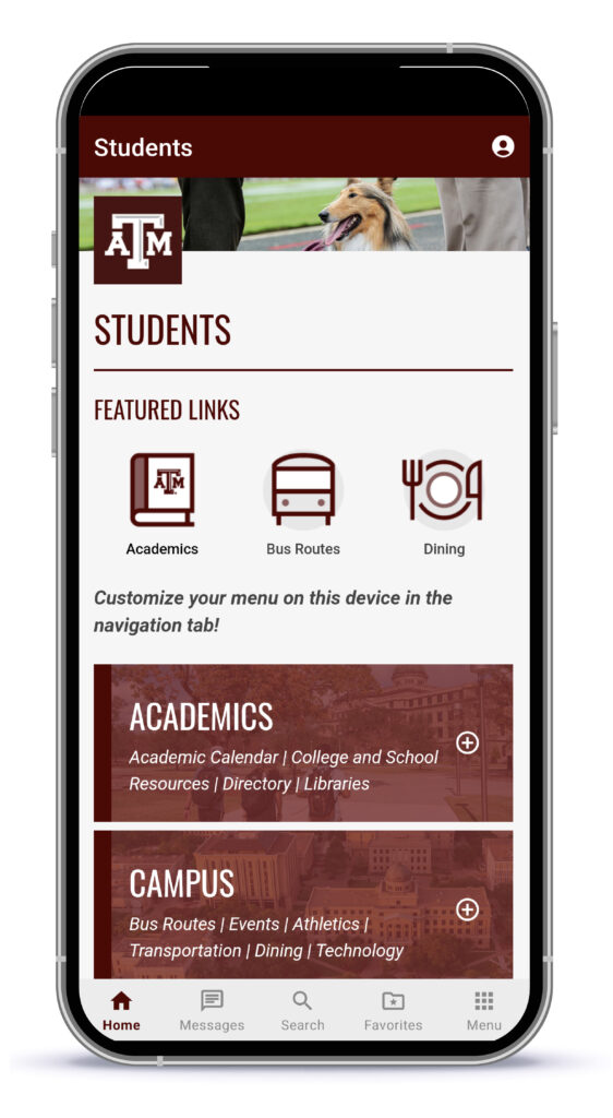 Texas A&M University app screenshot mockup on mobile: Student persona home screen