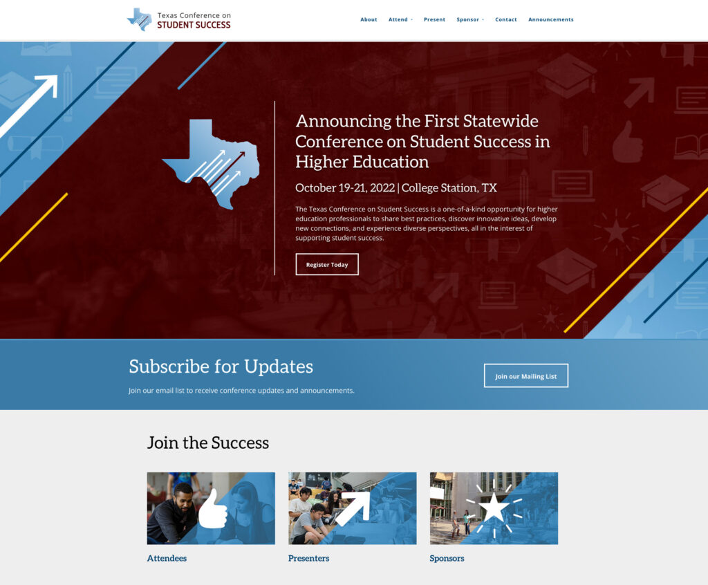 Screenshot of the Texas Conference for Student Success website homepage.