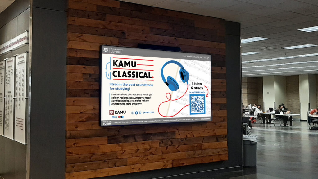 Digital sign displaying a promotional graphic within a student space on campus