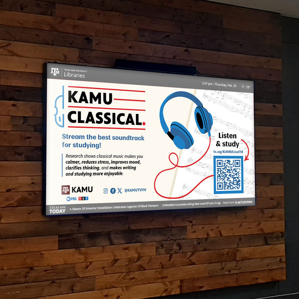 Digital sign displaying a promotional graphic within a student space on campus