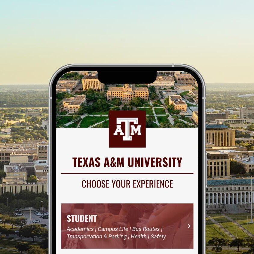 screenshot of the Texas A&M University official app persona selector on a mobile phone device